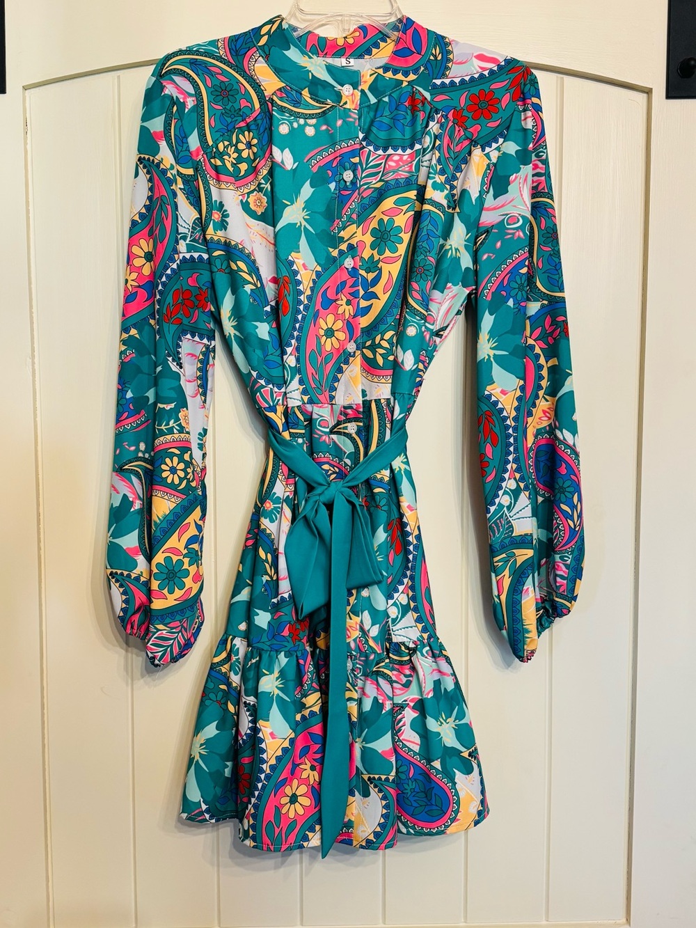 SHEIN Teal Paisley Print Long-Sleeve Tie-Waist Dress
